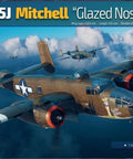 Box cover of 1/48 US Military B-25J Mitchell Glassnose Plastic Model Kit with illustration of WWII bomber in flight.
