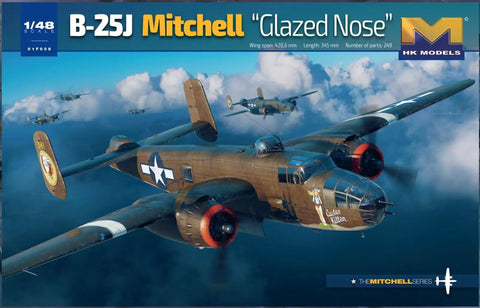 Box cover of 1/48 US Military B-25J Mitchell Glassnose Plastic Model Kit with illustration of WWII bomber in flight.