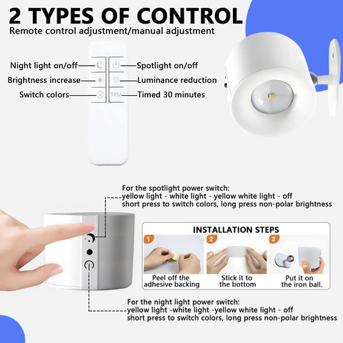 Sthalaxis LED Wall Lights Rechargeable Wall Sconce Magnetic 360°Rotating and Dimmable,Remote & Touch 3 Color Temps Cordless Lights for Reading Bedside (Black) remote control and manual adjustment details.