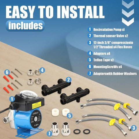 Next Level Hot Water Recirculating Pump Kit With Digital Programmable Controller For Home Heaters includes a recirculation pump and fittings.