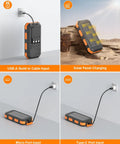 Portable Solar Power Bank 38800mAh with PD 22.5W USB C Fast Charging Four Built In Cables Dual LED Emergency Flashlights in use