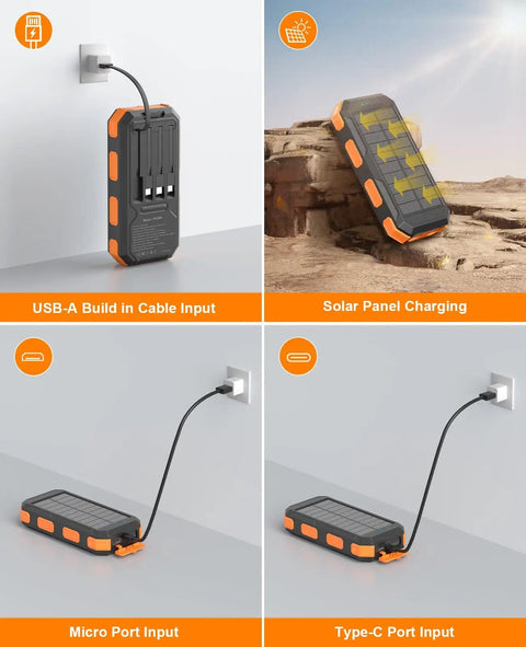 Portable Solar Power Bank 38800mAh with PD 22.5W USB C Fast Charging Four Built In Cables Dual LED Emergency Flashlights in use