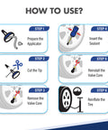 Instruction steps for applying Premium Heavy Duty Tire Sealant for Industrial and Off Road Tires Keeps Air Pressure Solid Balances
