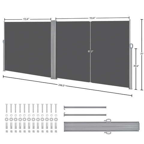 Double Side Patio Shade Awning With Dope Retractable Privacy Screen 236 By 71 Inches dimensions and hardware details