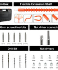 Heavy Duty Cordless Drill Plus Electric Screwdriver Power Tool Set With Rechargeable Battery And Two Speed Settings Plus Twenty Five Torque Adjustments For Slick Crafting Projects That Knock Out Tasks With Zero Sweat toolbox with flexible extension shaft and various screwdriver bits.