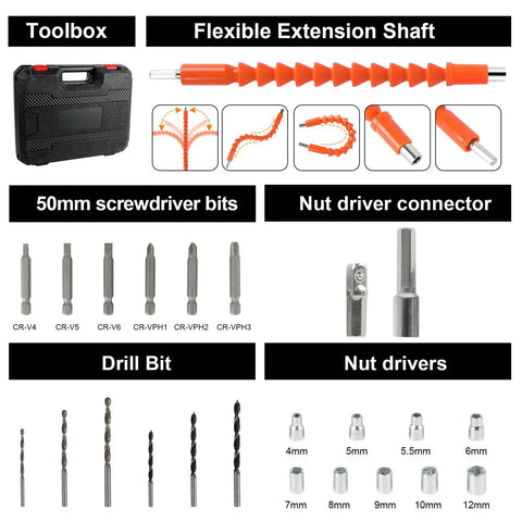18V Cordless Electric Drill And Screwdriver Power Tool Set With Two 55 Ah Rechargeable Batteries Heavy Duty Drill Driver Kit components including toolbox, flexible extension shaft, screwdriver bits, and nut drivers.