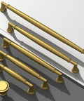 10 Pack Vibrant Brushed Brass Cabinet Pulls 5 Inch 128mm Solid Heavy Duty Drawer Handles displayed on light and dark surfaces