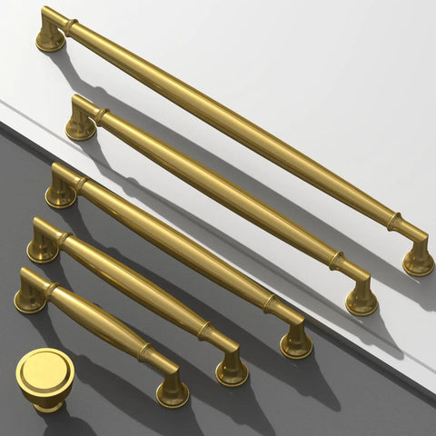 10 Pack Vibrant Brushed Brass Cabinet Pulls 5 Inch 128mm Solid Heavy Duty Drawer Handles displayed on light and dark surfaces