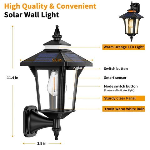 Image showing dimensions and features of Dope Outdoor Solar Porch Lights With 3 Modes And Motion Sensing For Barn Shed Yard Garage And Chicken Coop Energy Saving Backyard Lighting Weatherproof Durable Easy Install On Walls Or Posts.