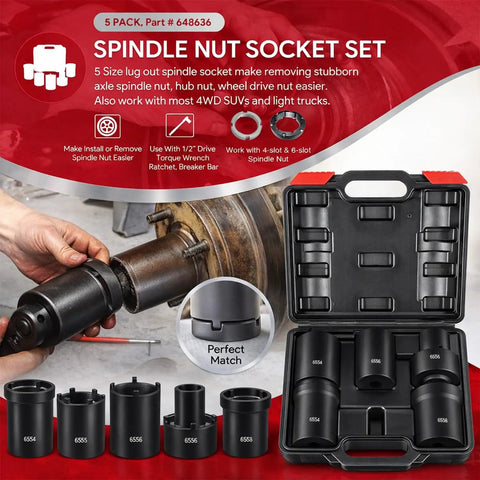 Spindle Nut Socket Tool Kit, 5-Piece Half Inch Drive Set For Ford Dana 44 50 60, F250 F350, Chevy GM, shown with storage case and sockets