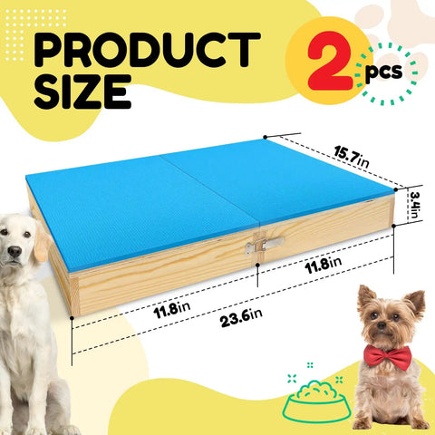 Two Piece Connectable Wooden Dog Training Platform Set With Non Slip Foaming Surface for Small To Medium Dogs, dimensions shown