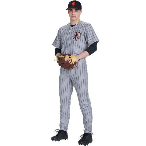 Baseball player wearing Pro Weight Four Way Stretch 14 Ounce Tapered Baseball Pants For Adults White With Black Pinstripes Open Bottom Tailored Fit TEK KNIT Polyester Durable Gameday Ready Pant, holding a glove in front.