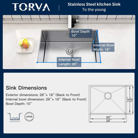 Diagram of 28-Inch Undermount Kitchen Sink With Deep 10-Inch Basin, Premium 304 Stainless Steel, dimensions and design shown