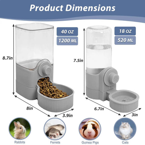 Rock Solid Rabbit Food And Water Dispenser Set With Large Capacity Gravity Feeder System dimensions, 1200ml feeder and 520ml bottle, BPA free.