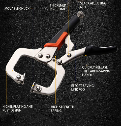 Heavy Duty 6 Inch C Clamp Face Clamp With Swivel Pads Locking Pliers for Woodworking and Welding shown on dark surface