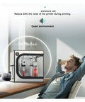 Man relaxing next to 3D Printer Enclosure For A1 Mini With LED Light And Dustproof, Heat Retaining Design Keeps Temperature Constant