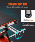 Close-up of Heavy Duty Motorcycle Lift With Wide Deck and 1100 Lbs Capacity, Scissor Jack with removable metal crank handle.
