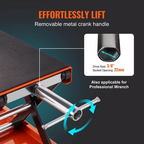 Close-up of Heavy Duty Motorcycle Lift With Wide Deck and 1100 Lbs Capacity, Scissor Jack with removable metal crank handle.
