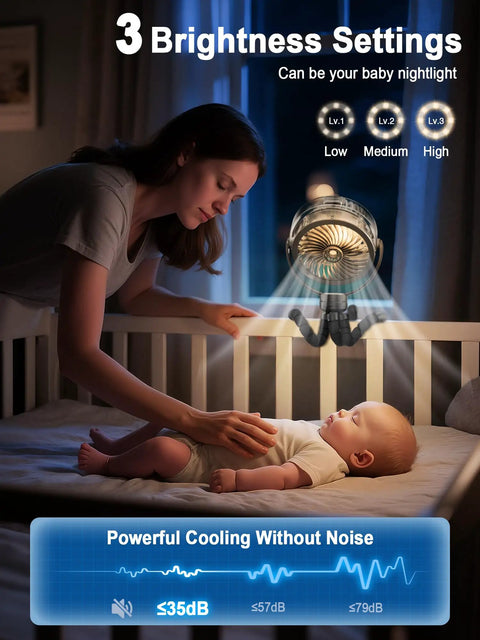 Woman adjusting Cooling Misting Stroller Fan With 6000mAh Battery, Portable Personal Fan With Light near sleeping baby