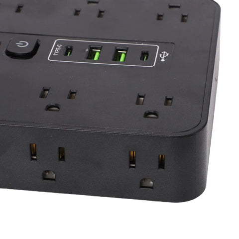 Game Changer Smart Power Strip Surge Protector With 12 AC Outlets 4 USB And 2 USB C Ports showing AC outlets and USB ports.