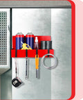 Magnetic Garage Organizer Set Three Pack With Heavy Duty Fridge Shelf Trays And Twelve Hooks, 20 Pound Capacity, Red, Your Go To Gear For Tools And Kitchen Organization installed on wall