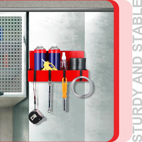 Magnetic Garage Organizer Set Three Pack With Heavy Duty Fridge Shelf Trays And Twelve Hooks, 20 Pound Capacity, Red, Your Go To Gear For Tools And Kitchen Organization installed on wall