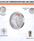 2-In-1 Thermometer And Hygrometer For Infrared Saunas And Steam Rooms Fahrenheit 70-250 No Batteries Required Wall Mount Real-Time Humidity And Temperature Readings Easy Installation. sauna dial with glass cover, aluminum frame, and metal pointer