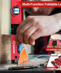 Legit Multi Function Foldable Level Plus Deep Hole Pencil Kit showing precision level use in woodworking on a wooden plank.