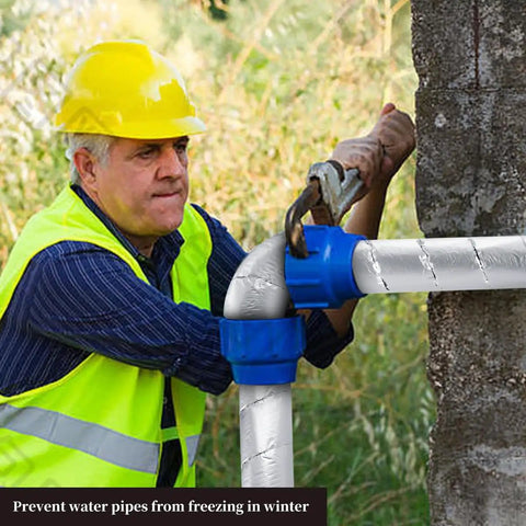Worker installing Outdoor Pipe Insulation Wrap Two Inch By Thirty Two Point Eight Feet With Foam And Foil Self Adhesive Tape