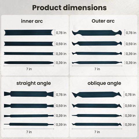 17Pcs Card Scraper Set For Woodworking dimensions showing inner, outer arc, straight, oblique angle blades in blue steel.