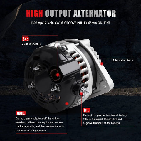 130 Amp Auto Alternator Direct Fit For Acura MDX RL TL Honda Odyssey Pilot Ridgeline 3.2L 3.5L 3.7L 12V High Output Replacement Part For 2003 To 2009 Models Guaranteed Fit shows alternator with wire labels.
