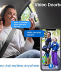 Woman using smartphone with video from 2K Video Doorbell With Full Body View And AI Detection, Night Vision, PIR Motion Alerts displayed.