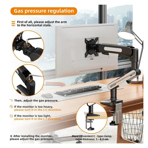 Level Up Your Workspace With A Sturdy Rotating Mechanical Monitor Arm For 13 To 32 Inch Lcd Screens Using A Universal Vesa Mount That Swivels Super Smooth And Tilts Easily For Quick Office Work And Cozy Gaming Sessions, showing gas pressure adjustment features.