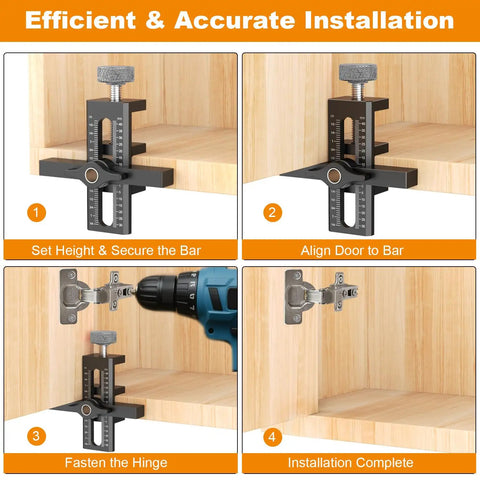 Image showing steps of 2 in 1 Cabinet Door Mounting Jig With Adjustable Positioner For Frameless Or Face Frame Doors fast setup.