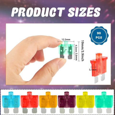 Heavy Duty LED Blade Fuse Assortment Kit Featuring ATC ATO Circuit Breakers 90 pieces showcasing various size fuses in hand.