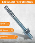 Three Eighths Inch Diameter Wedge Anchors Set, Three And Three Quarters Inch Length, Eight Pack, zinc plated fastener with nut and washer