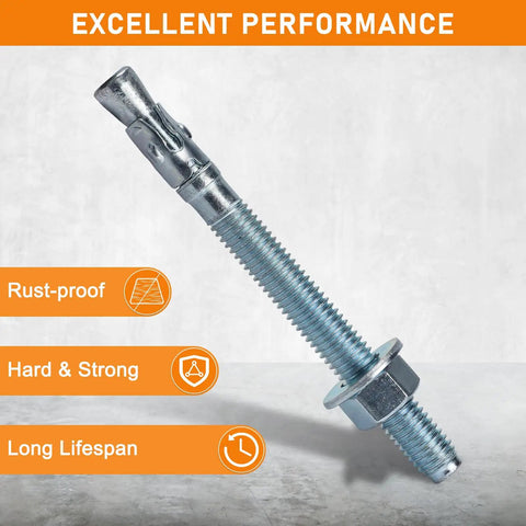 10 Pack Tough As Nails 1/2 X 3 3/4 Inch Zinc Plated Carbon Steel Wedge Anchors For Concrete Brick Masonry on gray background.