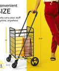 Space Savvy Shopping Cart With 360 Degree Swivel Wheels Foldable And Lightweight For Groceries Laundry And More in Black next to person