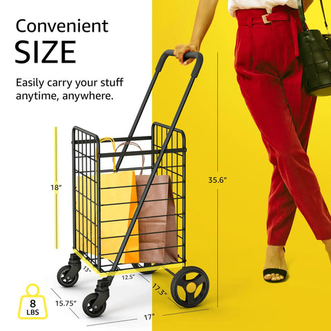 Space Savvy Shopping Cart With 360 Degree Swivel Wheels Foldable And Lightweight For Groceries Laundry And More in Black next to person