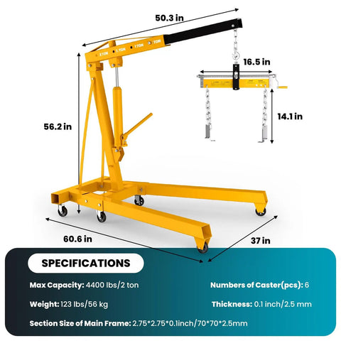 No Nonsense Heavy Duty Folding Engine Hoist Cherry Picker with 59 Inch Boom and hydraulic gear, dimensions shown.