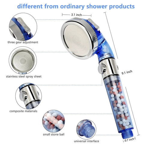 High Pressure Jetting Shower Head With 3 Modes, Modern Chrome Finish, ABS Body, Mineral Stone Beads, Easy Universal Fitting