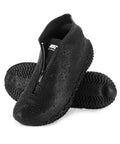 Black waterproof silicone shoe covers overshoes with non slip grip for men women kids, showing water droplets and zipper