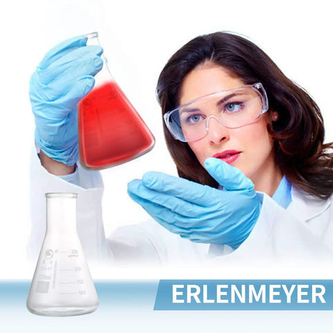 Scientist examining red liquid in must have three piece glass Erlenmeyer flask set with rubber stoppers and precise scales