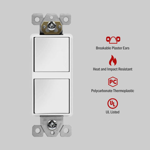 Go-To Dual Paddle Rocker Decorator Light Switch For Homes And Offices, Single Pole 15A 120-277VAC, white front view with icons