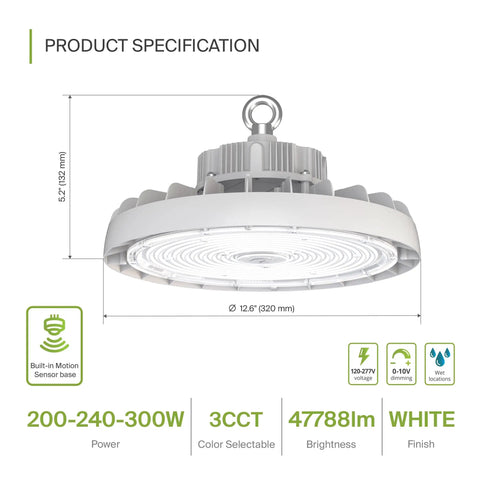 Product specification of Beefed Up 300W LED High Bay UFO Light For Warehouses, Dimmable, 3 CCT 3000K 4000K 5000K, IP69K Waterproof, 47700 Lumens, 120-277V, DLC Premium UL Listed