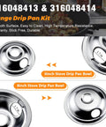 Electric Stove Burner Drip Pan Set Fits Frigidaire And Kenmore Electric Ranges with two 6-inch and two 8-inch chrome pans.