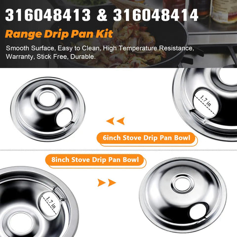 Electric Stove Burner Drip Pan Set Fits Frigidaire And Kenmore Electric Ranges with two 6-inch and two 8-inch chrome pans.