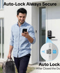 Man using smartphone to control keyless entry door lock with handle 5 in 1 security system includes fingerprint passcode app control fob and emergency key easy install for exterior front door electronic deadbolt.