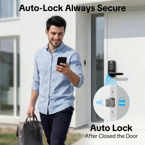 Man using smartphone to control keyless entry door lock with handle 5 in 1 security system includes fingerprint passcode app control fob and emergency key easy install for exterior front door electronic deadbolt.