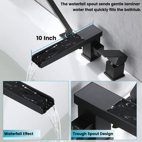Waterfall Roman Tub Faucet Deck Mount With Hand Shower Three Hole Widespread Matte Black Bathroom Fixture Featuring Waterfall Tub Spout